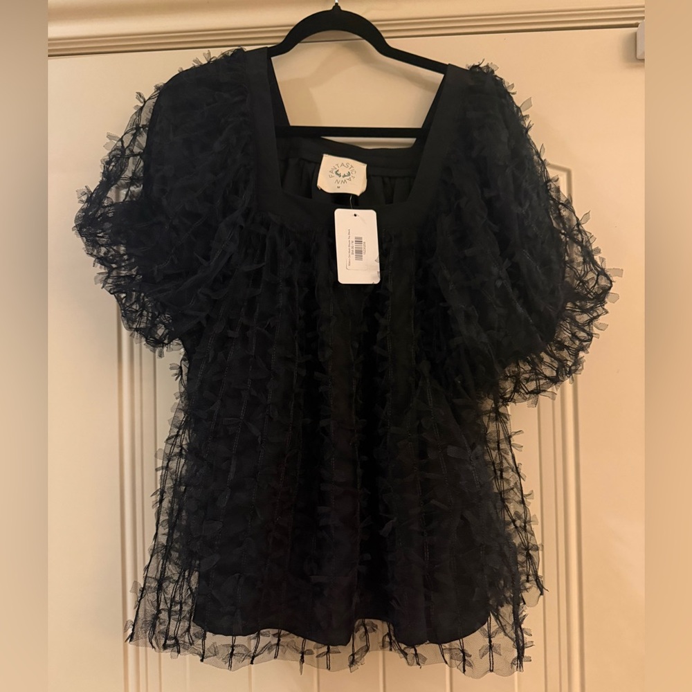 Fantastic Fawn Ribbon Dot Mesh Blouse